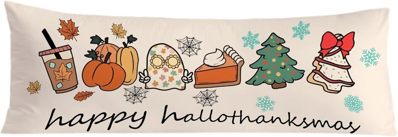 Exqcom Store Halloween Thanksgiving Christmas Body Pillow Covers 20x54, Fall Home Decor, Happy Hallothanksmas Long Body Pillow Case Cover with Hidden Zipper for Women Men Adults Kids Girls Boys - Image 1